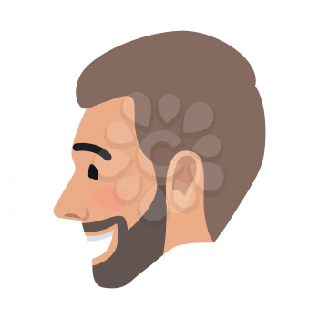 Emotion avatar man happy successful face side view. Emotional avatar of smiling male with open mouth. Expression of laughing face, character in good mood enjoying life vector illustration in flat