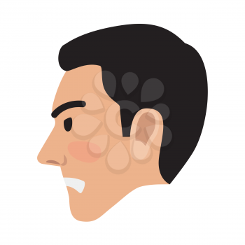 Angry man avatar user pic isolated on white. Vector illustration of side view of upset person. Male head with spiteful facial expression. Adult profile icon with wicked face, character in bad mood