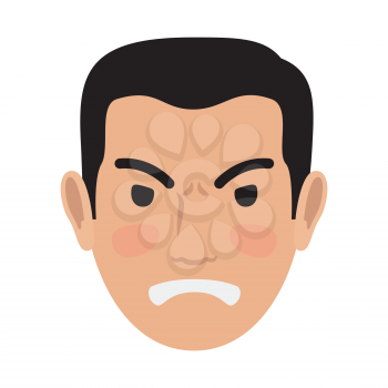 Angry man avatar user pic isolated on white. Vector illustration of front view of upset person. Male head with spiteful facial expression. Adult profile icon with wicked face, character in bad mood