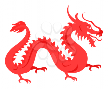 Isolated red dragon on white. Hand drawn ruddy chinese symbol reptilian traits of prosperity and welfare. Vector illustration of twisted fire-spewing animal with tail, four claws and open mouth