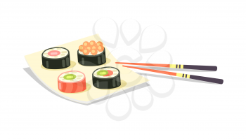 Sushi set of four on square plate and two chopsticks near on white background. Vector illustration of traditional oriental asian cuisine, collection of round sushi with salmon and red caviar