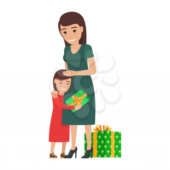 Daughter hugs her mother and hold gift, mother smiles and stand beside another gift on white background. Illustration of love and Christmas spirit. Holiday celebration with family vector illustration.