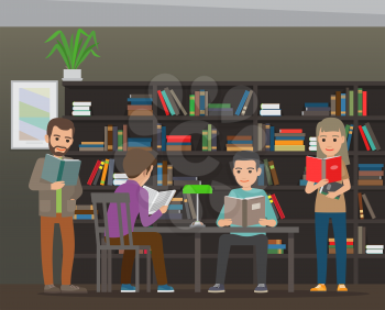 People reading textbooks in library. Men and women seating and standing with open books in interior with bookshelves flat vector. Enthusiastic readers illustration for educational and hobby concepts