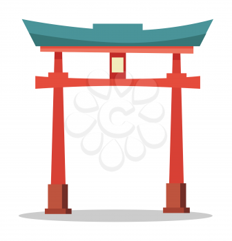 Japanese red gate. Vector illustration of traditional oriental landmark isolated on white. Torii gate of Itsukushima Shrine icon. Special colourful construction of japanese famous sightseeing