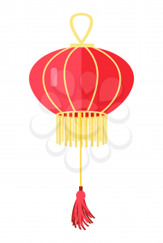 Chinese round red lamp ball isolated on white. Traditional oriental hanging lantern with yellow tassels. Vector illustration of decorative thing for building lighting. Chandelier in asian style