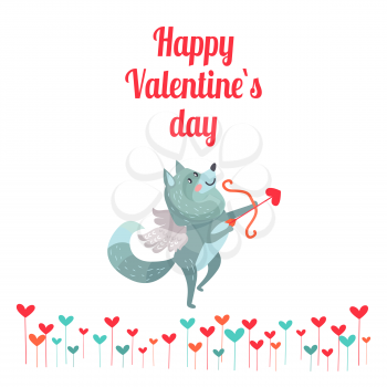 Happy Valentine s day. Wolf with wings with bow and arrows isolated on white. Timber wolf lover flying like Cupid. Cute cartoon animal post card design. Love concept vector illustration in flat style