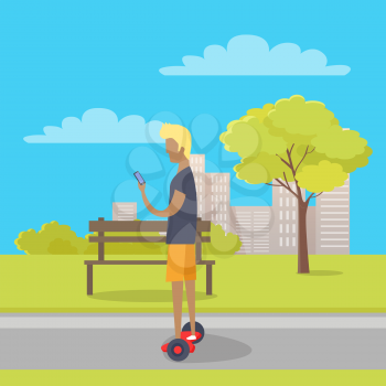 Boy riding on two wheeled mini segway in park and play with telephone. Vector illustration in flat style of modern entertainment device. Wooden bench and city architectural buildings on background.