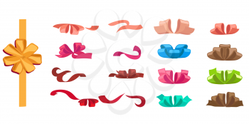 Bow and ribbon set of different colorful decorations for gifts on white background. Cartoon present decorations. Celebrate holidays, exchange and decorate gifts isolated vector illustration.