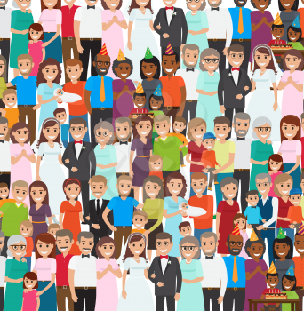 Family members standing in repeated long rows. Vector illustration of people poses for photos in wedding costumes, in festive caps celebrating child s Happy Birthday, with newborn and child on hands