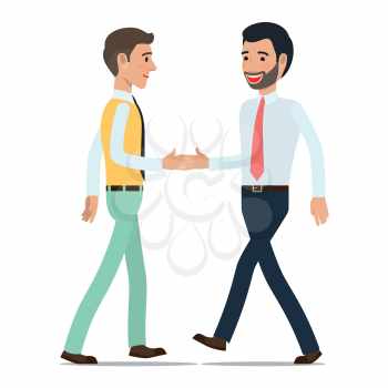 Businessmen shaking hands at meeting. Two clerks in shirt and tie greet each other when met flat vector isolated on white background. Friendly greeting illustration for business concepts design