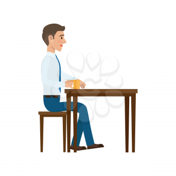 Businessman at cafe. Man in business casual clothing seating at the table with cup of tea flat vector isolated on white background. Coffee break at work illustration for business concepts design