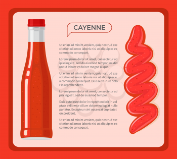 Cayenne red sauce in glass bottle with some kind of information in centre of vector picture. Illustration with kind of asian national dressing for food in ruddy colour in bottle and poured out