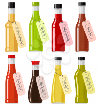 Oriental sauce kinds in glass transparent bottles on white. Bottles of yellow and red habanero, green wasabi, brown chipotle, ruddy cayenne, soy sauce, yellow fatalii and green jalapeno vector set