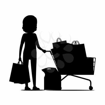 Female silhouette standing and holding packages near shopping cart full of packs. Vector illustration of purchasing woman on white. Commercial process of buying goods and going home with packs.
