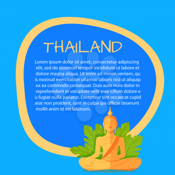 Thailand touristic banner with national symbol and sample text. Monument of meditaiting golden Buddha in leaves flat vector illustration. Vacation in asian country concept for travel company ad