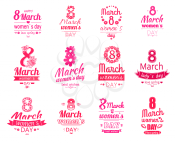 Happy 8 March women day posters set. Love spring holiday. Best wishes for mothers, adorable daughters, lovely sisters. Vector set of logotypes and stickers for international holiday celebration