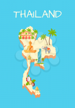 Thailand island with famous sightseeing signs isolated on azure background. Vector illustration of island with green palms, grey elephant, statue of the Buddha, glass skyscraper, tropical fruit.
