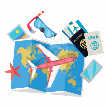 Vector illustrations of plane, map, smartphone, water star, underwater mask, visa, passport, photo. Course of trip and amazing adventure, flight and rest. Poster on the wall in travel company office.