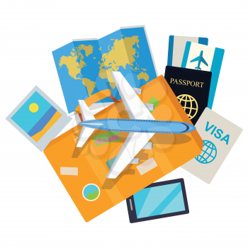 Journey web banner. Aircraft, suitcase with luggage, world map, air tickets, passport, visa, phone, mobile photo flat vector illustrations. For travel agency, airline company landing page design
