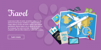 Travel web banner. Aircraft, suitcase with luggage, world map, air tickets, passport, visa, phone, money, sunglasses, magnifier flat vectors. For travel agency airline company landing page design