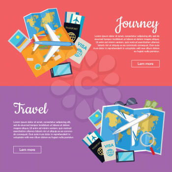 Journey and travel web banner. Tourist attributes. Informative vector poster for journey and traveling. Set of tourist things. Plane, visa, passport, map. Trip concept collection illustration.