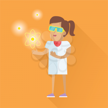Scientist at work illustration. Vector in flat style. Scientific icon. Smiling female character in white gown standing with atom model in hand. Educational experiment. On orange background with shadow