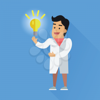 Scientific idea illustration. Vector in flat style design. Scientist solution icon. Smiling male character in white gown standing with bulb in hand. Revelation concept. On blue background with shadow