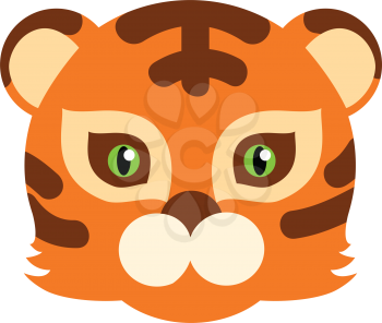 Tiger animal carnival mask vector illustration in flat style. Striped orange and brown tiger beast. Funny childish masquerade mask isolated. New Year masque for festivals, holiday dress code for kids