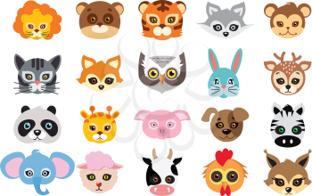 Collection of different animal masks on face. Mask of lion, bear, tiger, rabbit, monkey, cat, fox, owl, hare, giraffe, deer, panda, pig dog zebra elephant sheep cow squirrel Vector in flat design