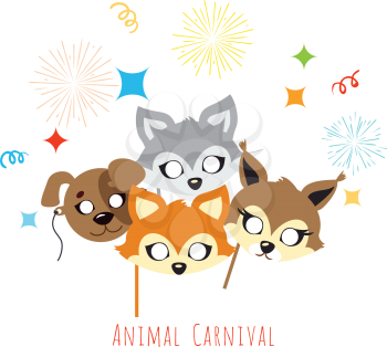Animal carnival masks of brown dog, cute red fox and squirrel with grey rabbit in cartoon style. Colourful decorations on background with salute streamer bright strips. Party celebration vector banner