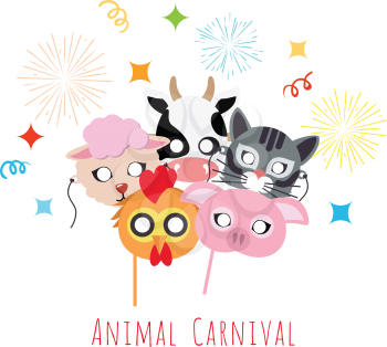 Animal carnival funny childish mascarade masks with firework. Vector illustration of cock with pig, domesticated cow near sheep and cat. Masque for festivals and children holidays. Dress code for kids