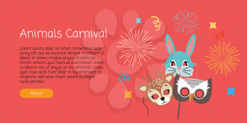 Animal carnival funny childish masks with fireworks. Masks of forest animals deer with rabbit and owl. Vector illustration of masques for festivals and children holidays. Dress code for kids in flat
