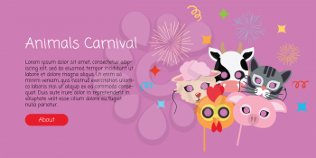 Animal carnival funny childish mascarade masks with firework. Vector illustration of cock with pig, domesticated cow near sheep and cat. Masque for festivals and children holidays. Dress code for kids
