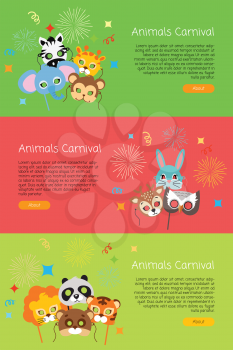 Animals carnival collection of masks for kids. Exotic zebra with elephant. Cute monkey and cat with friendly owl near lion and panda. Colourful decoration posters in cartoon style vector web banner