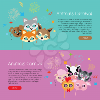 Animals carnival collection of masks for kids. Masks of dog with fox near hare and sheep. Domestic cat with chicken with cow and pig on colourful background. Cartoon style vector web banners in flat