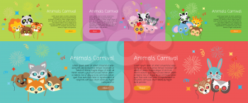 Animal carnival. Set of masks in cartoon style. Colourful decorations on background. Zebra, elephant, tiger, monkey, dog, cat, deer, rabbit, lion Fireworks Poster Web banner Flat design Vector