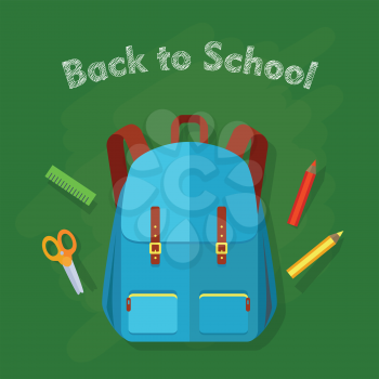 Back to school. Contemporary blue backpack with two pockets and school objects behind. Green ruler, red and yellow pencil, orange scissors. Illustration in cartoon style. Flat design. Vector