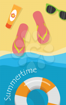 Summertime vector concept. Leisure on seacoast. Coastline with flops, sunscreen, sunglasses on sand and rescue circle on water. For travel company ad, vacation concept, printed materials, web design