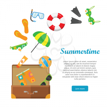 Summertime conceptual web banner. Flat design. Suitcase with stuff for fun on beach flat vector. Summer vacation. Illustration for travel company landing page, tourism concepts, printed materials