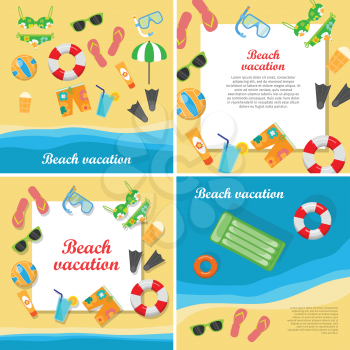 Beach vacation vector concept with place for text. Leisure on seacoast. Coastline with stuff for summer resting and entertainment on sand. For travel company ad, vacation concept, web design