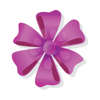 Purple flower bow isolated on white. Pussy bright bow knot. Gift knot of ribbons in flat style design. Overwhelming bow without ends decorative element. Vector cartoon illustration. Classical bow