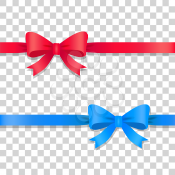 Illustration of two ribbons with bows. Blue and red long lines on transparent background. Cartoon style. Silk decoration on transparency. Flat design. For presents, gifts, cards, holidays. Vector