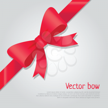 Vector bow Illustration. Isolated long red ribbon and big bow with two tails. Colourful satin stretching line. Holiday concept. New Year, Christmas banner. Cartoon style. Front view. Flat design.