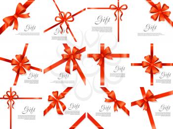 Card vector illustration on white background, luxury wide gift bow with red knot or ribbon and space frame for text, gift wrapping template for banner, poster design. Simple cartoon style Flat design