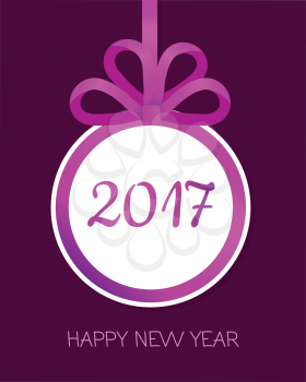 Happy New Year 2017 round banner with violet ribbon and big bow. Toy with white center. Christmas tree decoration. Bow with four narrow petals. Simple cartoon design. Front view. Flat style. Vector.