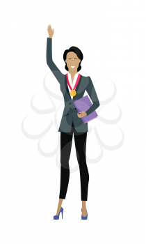 Business woman in business suit with golden medal on his chest. Winner business concept. Business success and award concept. Smiling young woman personage in flat design. Vector illustration