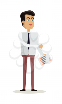 Businessman character vector. Cartoon in flat design. Smiling man in shirt and tie with statistic documents. Broker, office worker, financier, statistician, employee. Isolated on white background.