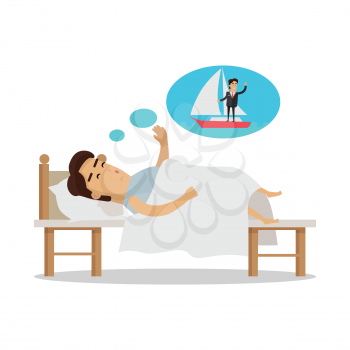 Dreams of vacation vector concept. Flat design. Man sleeping in bed and dream about a vacation at seacoast. Yachting at weekend. Leisure at tropical countries. For summer vacation concept. On white 