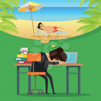 Dreams of vacation vector concept. Flat design. Office worker sleeping at working table and dreaming about a vacation at sunny seacoast. Leisure at tropical countries. For summer vacation concept. 