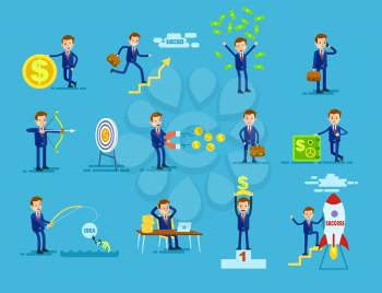 Set of businessmen achieving success. Man with money sign, money rain, speak on telephone, shot in target, magnetize riches, with suitcase, near safe deposit, rocket, catch idea, at pedestal. Vector